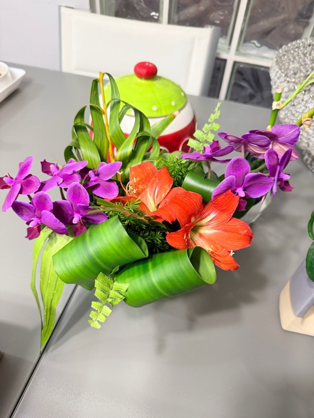 Vibrant Tropical Floral Arrangement with Red Lilies & Purple Orchids
